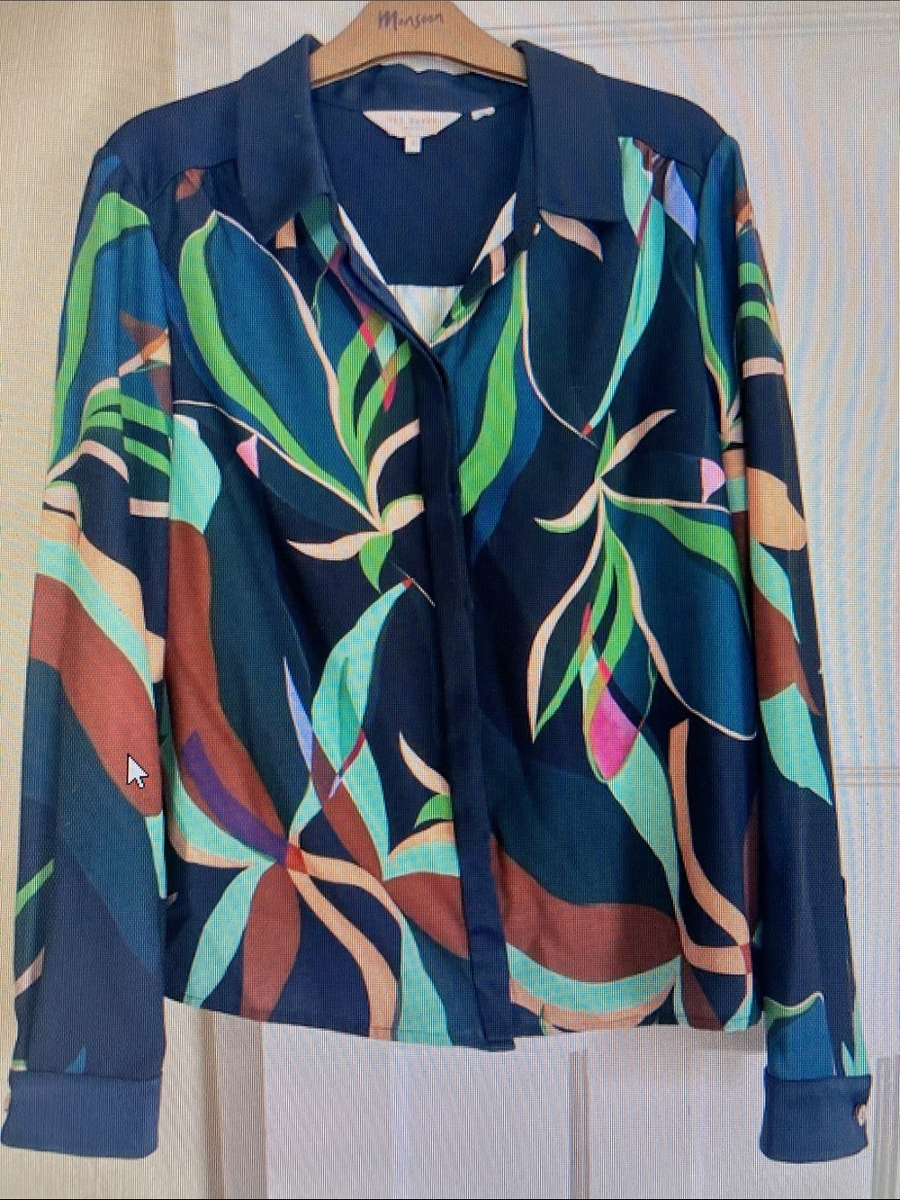 Silky Printed Button-Front Blouse - Navy Green Multicolor